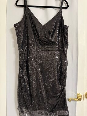 Black Sequin Draped Mini Dress